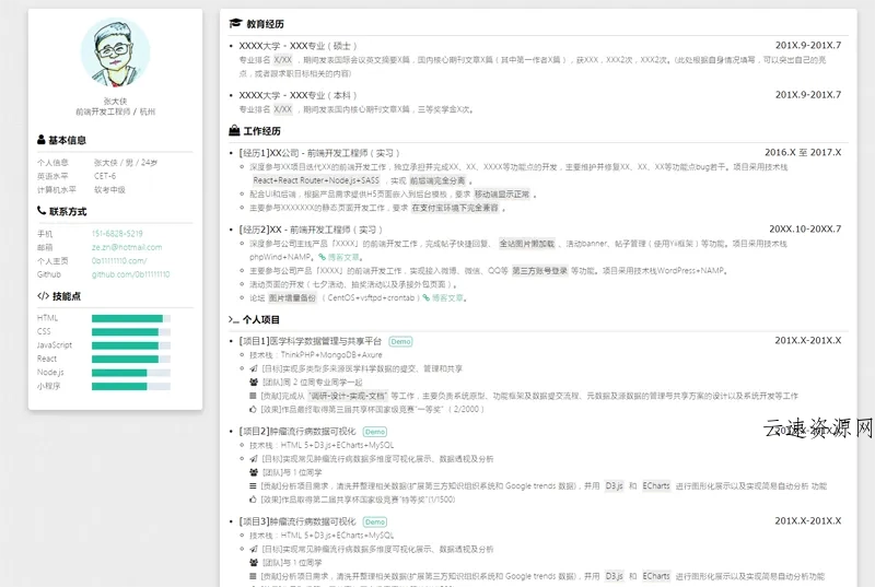 HTML纯静态自适应个人简历网页源码源码网-手游源码|端游源码|小程序源码|网站模板资源免费分享下载 - 云速资源网多元化资源共享平台