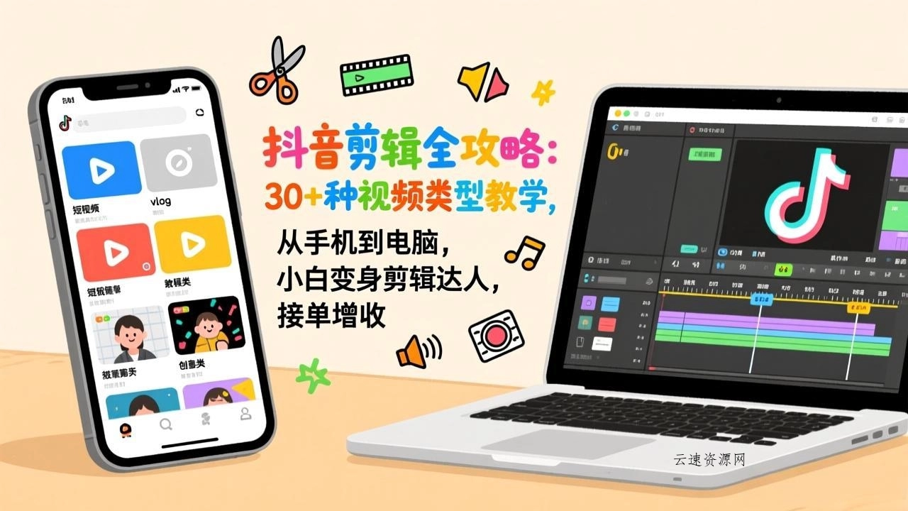 抖音剪辑全攻略：30+种视频类型教学，从手机到电脑，小白变身剪辑达人，接单增收源码网-手游源码|端游源码|小程序源码|网站模板资源免费分享下载 - 云速资源网多元化资源共享平台