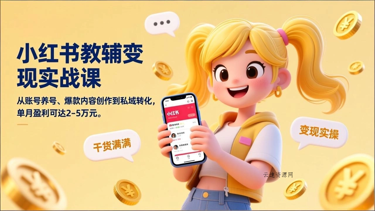 小红书教辅变现实战课，从账号养号、爆款内容创作到私域转化，单月盈利可达2-5万元源码网-手游源码|端游源码|小程序源码|网站模板资源免费分享下载 - 云速资源网多元化资源共享平台