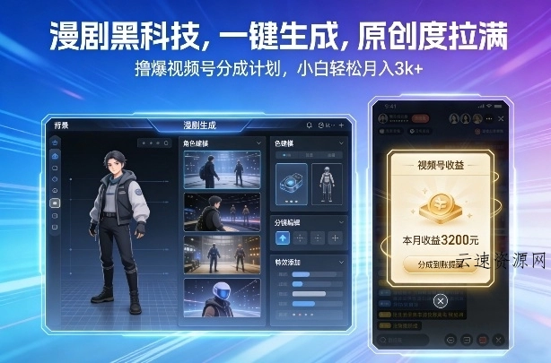 漫剧黑科技，一键生成，原创度拉满，撸爆视频号分成计划，小白轻松月入3k+源码网-手游源码|端游源码|小程序源码|网站模板资源免费分享下载 - 云速资源网多元化资源共享平台