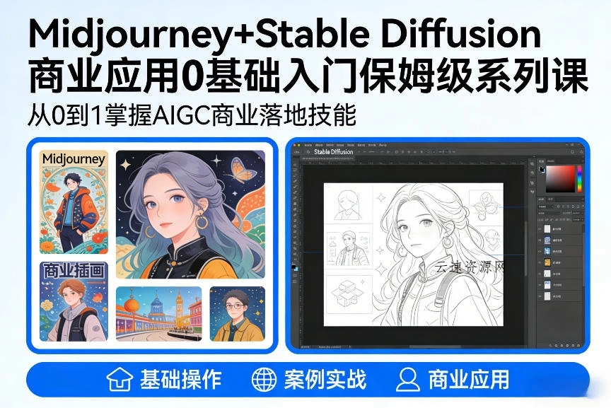AIGC商业应用Midjourney+Stable Diffusion教程，0基础入门保姆级系列课源码网-手游源码|端游源码|小程序源码|网站模板资源免费分享下载 - 云速资源网多元化资源共享平台