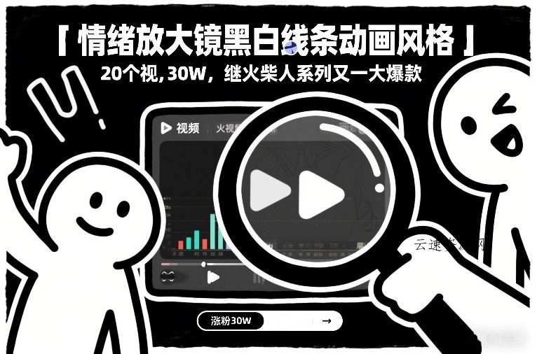 情绪放大镜黑白线条动画风格，20个视频，涨粉30W，继火柴人系列又一大爆款源码网-手游源码|端游源码|小程序源码|网站模板资源免费分享下载 - 云速资源网多元化资源共享平台