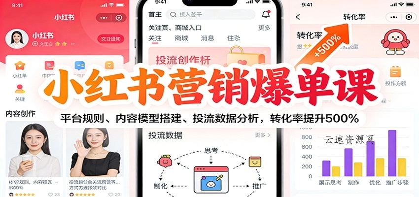 小红书营销爆单课：平台规则、内容模型搭建、投流数据分析，转化率提升500%源码网-手游源码|端游源码|小程序源码|网站模板资源免费分享下载 - 云速资源网多元化资源共享平台