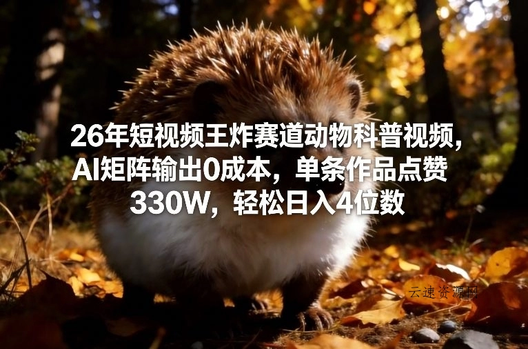 26年短视频王炸赛道动物科普视频，AI矩阵输出0成本，单条作品点赞330W，轻松日入4位数源码网-手游源码|端游源码|小程序源码|网站模板资源免费分享下载 - 云速资源网多元化资源共享平台