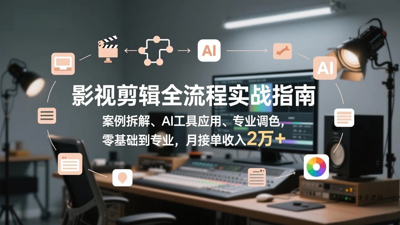 影视剪辑全流程实战指南，案例拆解、AI工具应用、专业调色，零基础到专业，月接单收入2万+源码网-手游源码|端游源码|小程序源码|网站模板资源免费分享下载 - 云速资源网多元化资源共享平台