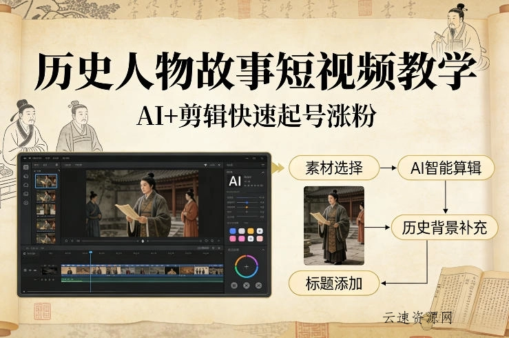 历史人物故事短视频教学，AI+剪辑制作历史人物题材短视频，快速起号涨粉源码网-手游源码|端游源码|小程序源码|网站模板资源免费分享下载 - 云速资源网多元化资源共享平台