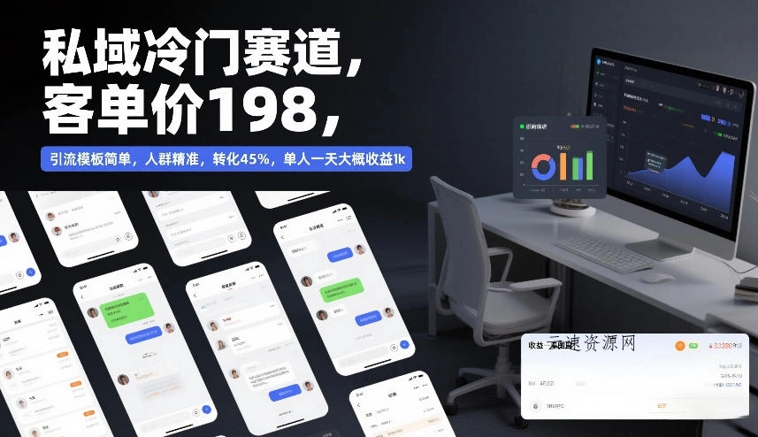 私域冷门赛道，客单价198，引流模板简单，人群精准，转化45%，单人一天大概收益1k源码网-手游源码|端游源码|小程序源码|网站模板资源免费分享下载 - 云速资源网多元化资源共享平台